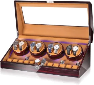 Automatic Watch Winder Box 8 12, with Blue LED Light, in Wood Shell and Leather, Quite Motors, Fit Lady and Man Watches Watch Winder for Automatic Watches B