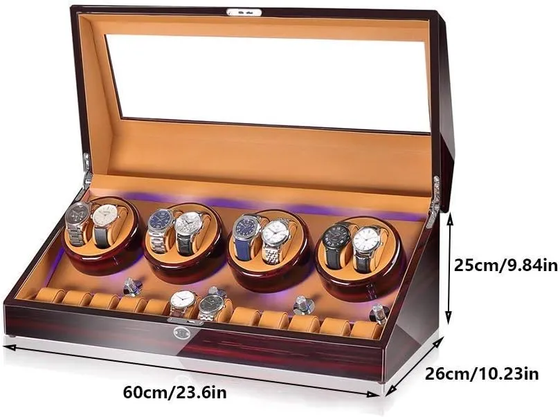 Automatic Watch Winder Box 8 12, with Blue Led Light, in Wood Shell and Leather, Quite Motors, Fit Lady and Man Watches,C