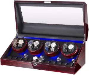 Automatic Watch Winder Box 8 12, with Blue Led Light, in Wood Shell and Leather, Quite Motors, Fit Lady and Man Watches,C