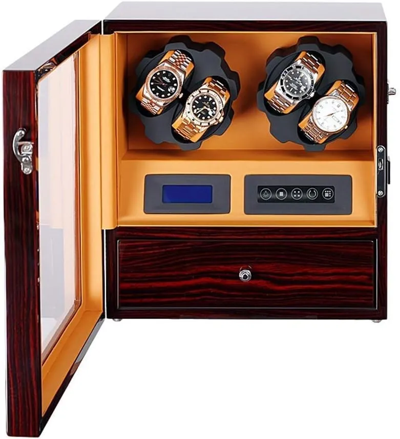 Automatic Watch Winder Box for 4 Watches   5 Storage Position, Watch Winder LCD Digital Display Quiet Engine, with Drawer, Best Gifts