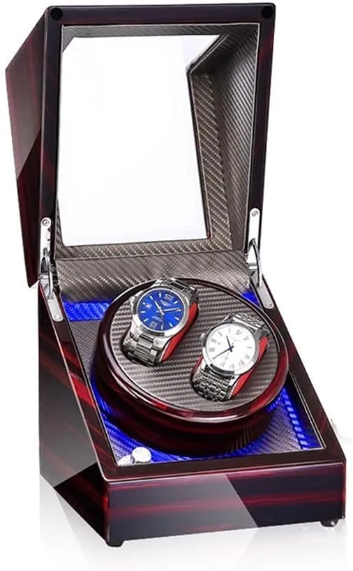 Automatic Watch Winder,Watch Double Watch Winder Box for Automatic Watches, with Blue Led Light, Wood Shell Piano Paint Exterior, Extremely Silent Motor Beautiful Home,F