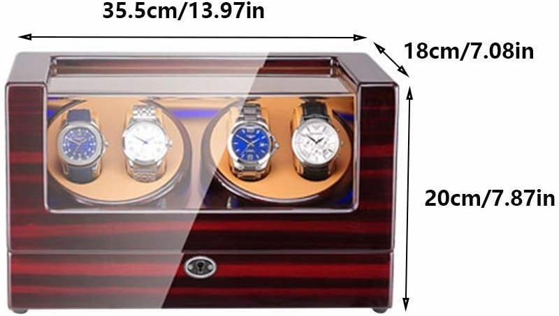 Automatic Watch Winder Box 4 with LED Light in Wood Shell and Leather Piano Paint Exterior Super Quiet Motor (C)