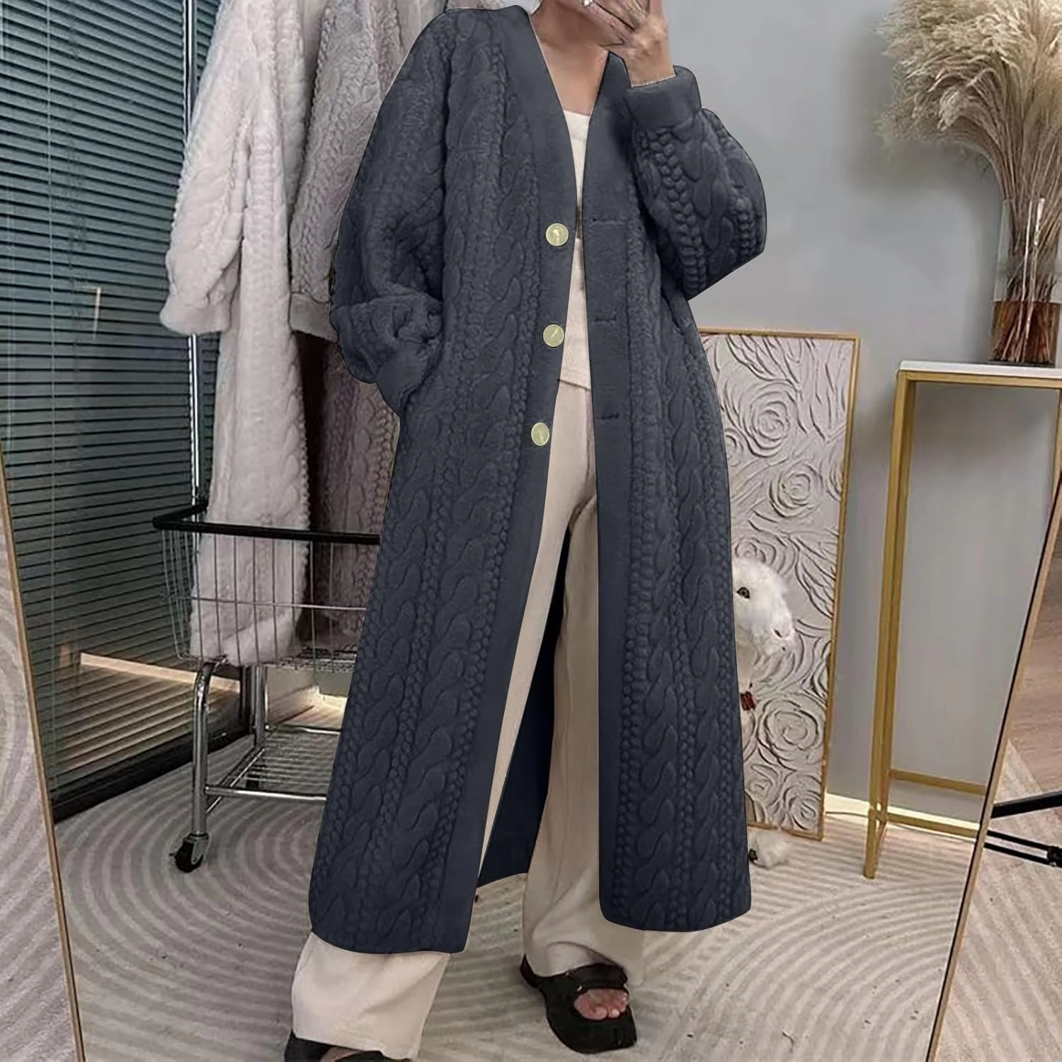 Autumn and Winter Thickened Women's Elongated Imitation Mink Cardigan Jacket Integrated Coat Pleated Back Denim