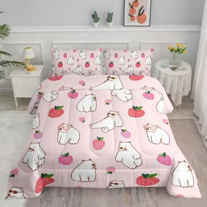 Axolotl Polar Bear Comforter Set King,Arctic Animals Bedding Set for Girls,Kawaii Animals Quilt Set for Women Men,Pink Strawberry Duvet Set for Kids,White Bear Room Decor 1 Quilt 2 Pillowcases