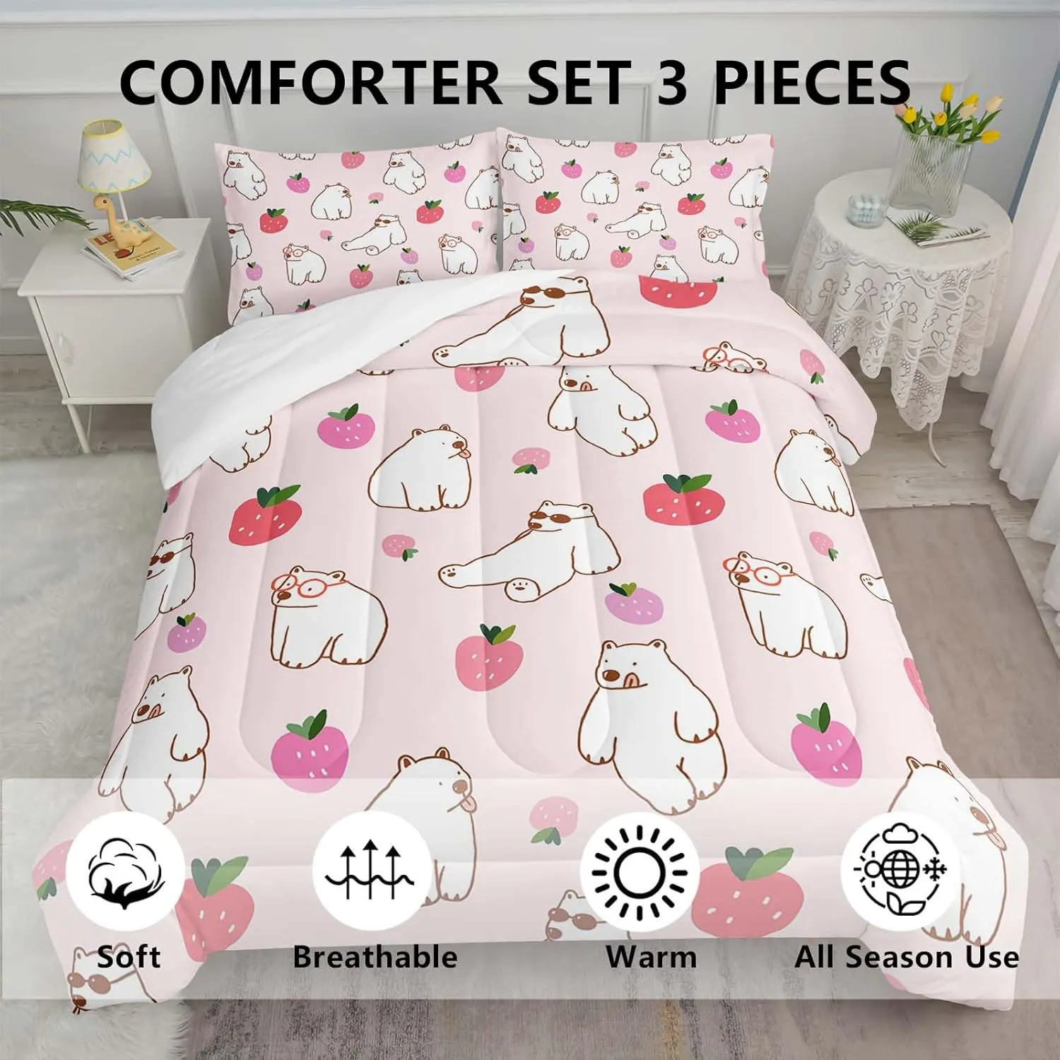 Axolotl Polar Bear Comforter Set King,Arctic Animals Bedding Set for Girls,Kawaii Animals Quilt Set for Women Men,Pink Strawberry Duvet Set for Kids,White Bear Room Decor 1 Quilt 2 Pillowcases