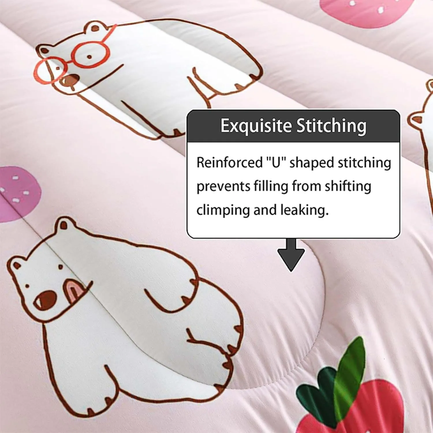Axolotl Polar Bear Comforter Set King,Arctic Animals Bedding Set for Girls,Kawaii Animals Quilt Set for Women Men,Pink Strawberry Duvet Set for Kids,White Bear Room Decor 1 Quilt 2 Pillowcases
