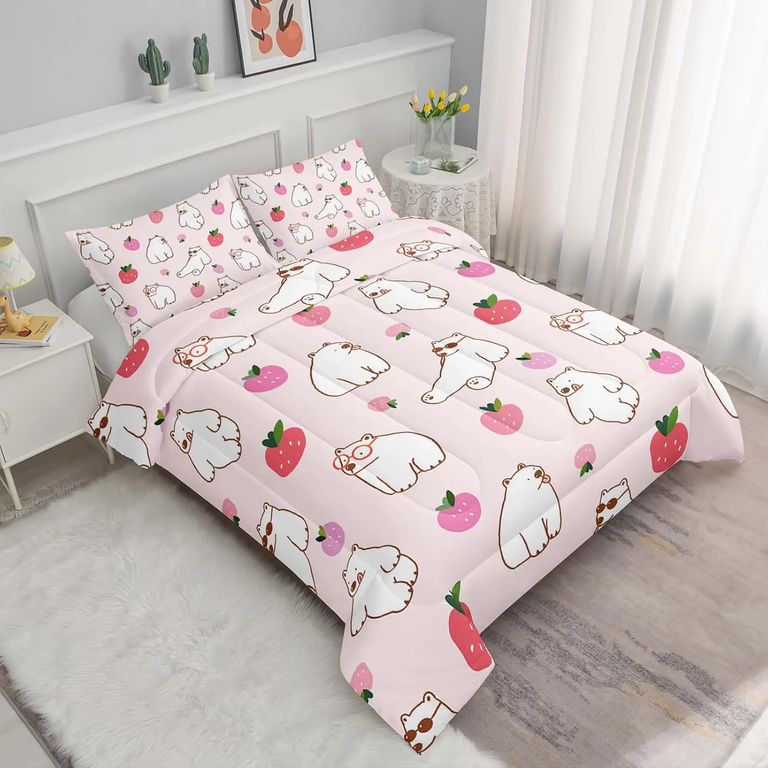 Axolotl Polar Bear Comforter Set King,Arctic Animals Bedding Set for Girls,Kawaii Animals Quilt Set for Women Men,Pink Strawberry Duvet Set for Kids,White Bear Room Decor 1 Quilt 2 Pillowcases