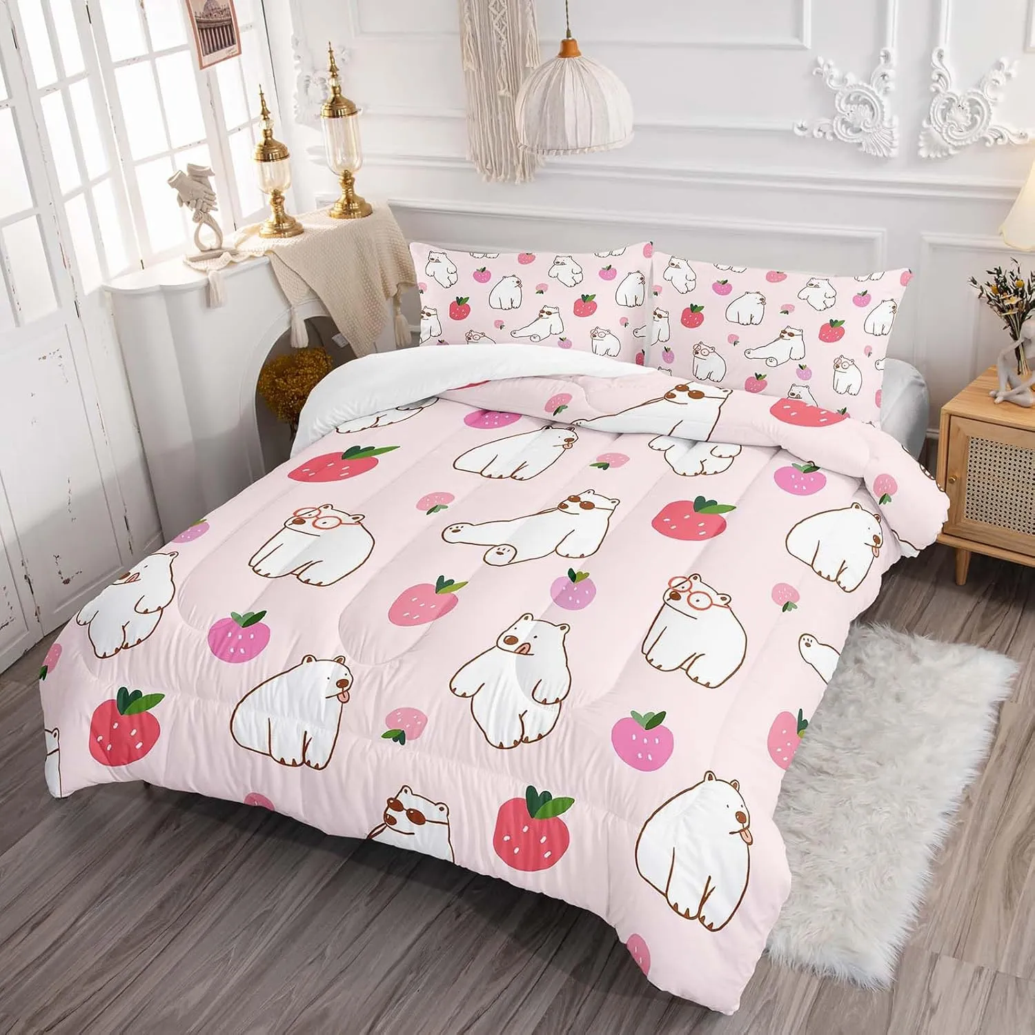 Axolotl Polar Bear Comforter Set King,Arctic Animals Bedding Set for Girls,Kawaii Animals Quilt Set for Women Men,Pink Strawberry Duvet Set for Kids,White Bear Room Decor 1 Quilt 2 Pillowcases