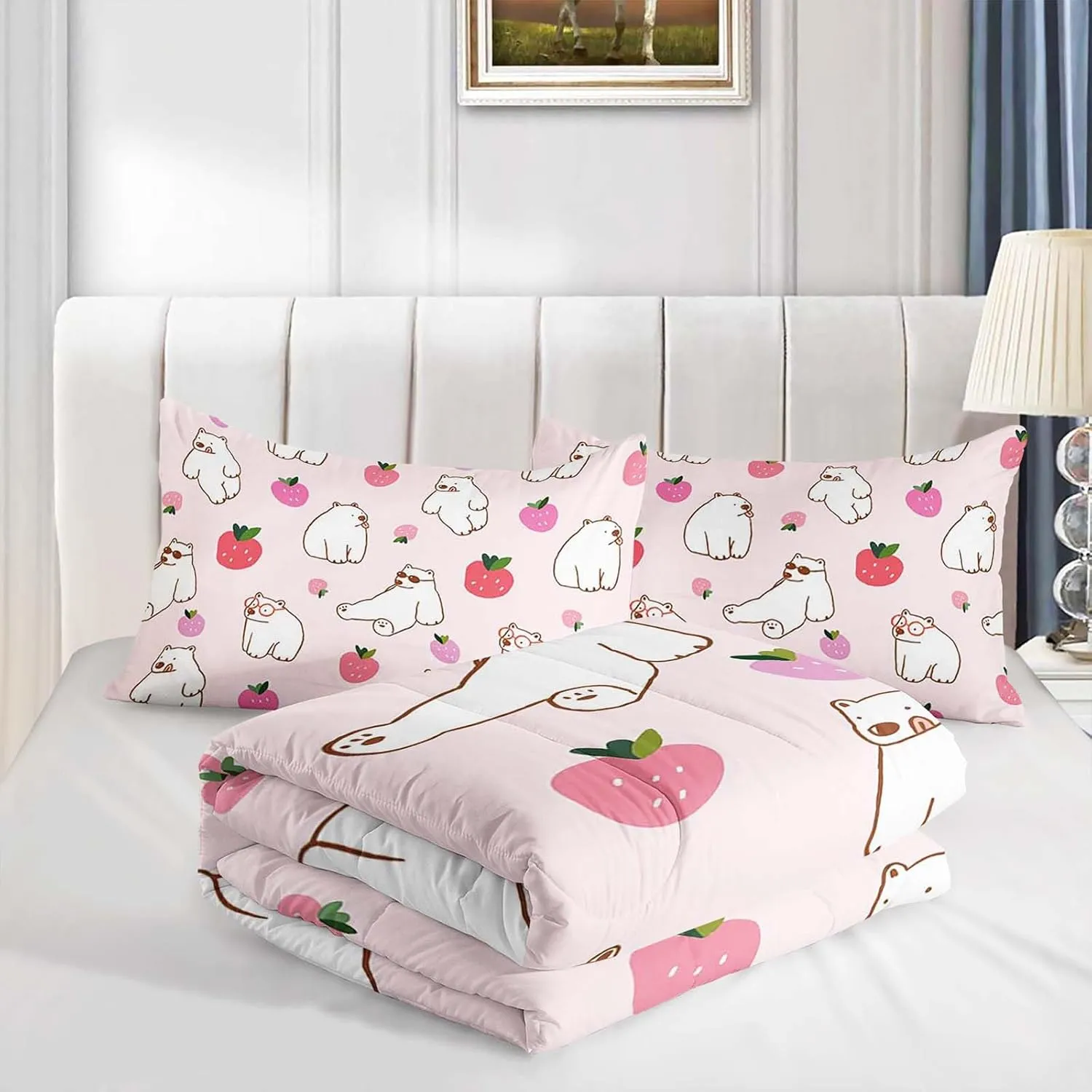 Axolotl Polar Bear Comforter Set King,Arctic Animals Bedding Set for Girls,Kawaii Animals Quilt Set for Women Men,Pink Strawberry Duvet Set for Kids,White Bear Room Decor 1 Quilt 2 Pillowcases