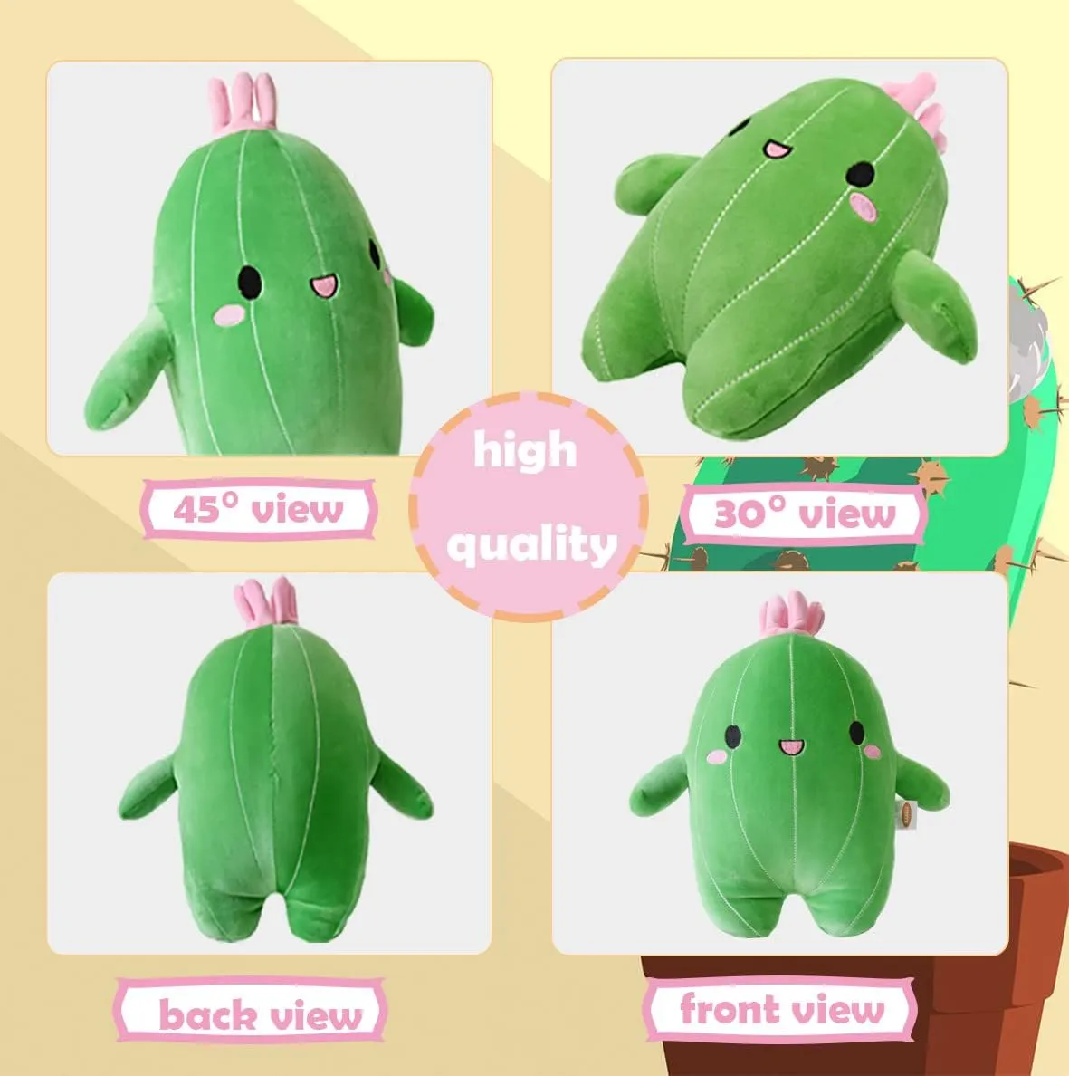 BABOLI Cuddly Cactus Stuffed Plant Pillow with Smile Face and Pink Antenna Honey Cacti Plush Soft Toy Pretty Sweet Mascot Gifts for Kids Girls and Boys Present for Birthday or Party 22.7 Inches