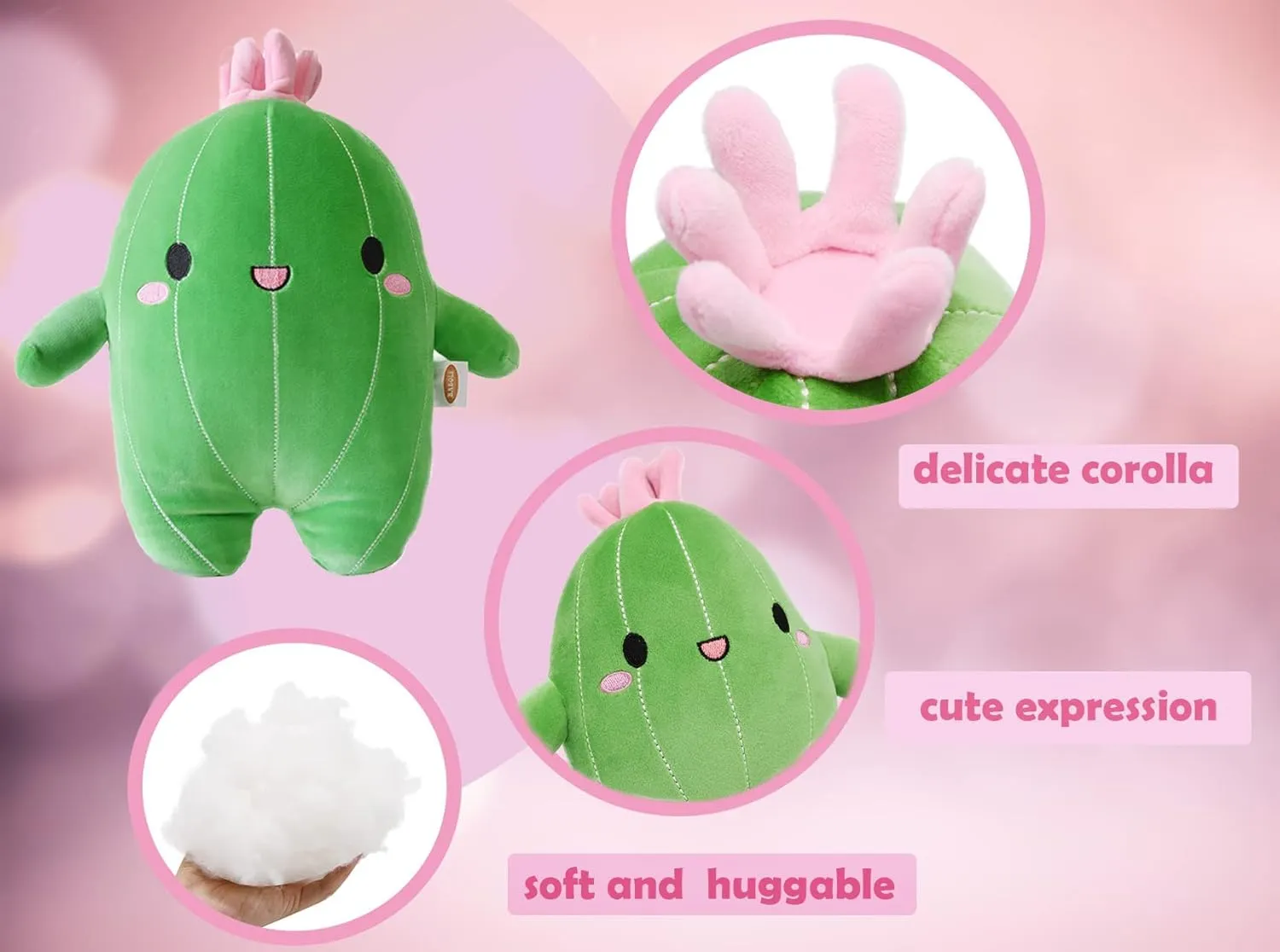 BABOLI Cuddly Cactus Stuffed Plant Pillow with Smile Face and Pink Antenna Honey Cacti Plush Soft Toy Pretty Sweet Mascot Gifts for Kids Girls and Boys Present for Birthday or Party 22.7 Inches