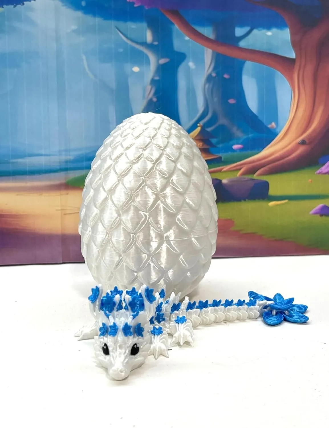 Baby Dragon with Dragon Egg, 3D Printed Articulated Cherry Blossom Baby Dragon, Fidget Toy for Autism ADHD, Executive Office Desk Toy, BD004 (White & Blue)
