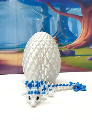 Baby Dragon with Dragon Egg, 3D Printed Articulated Cherry Blossom Baby Dragon, Fidget Toy for Autism ADHD, Executive Office Desk Toy, BD004 (White & Blue)