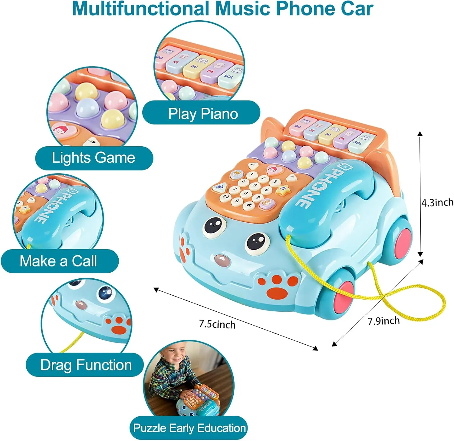 Baby Phone Toy,Baby Toy Phone Cartoon Baby Piano Music Light Toy Children Pretend PhoneToy Gift Game Boy Girl Early Education Gift Blue (18 M )