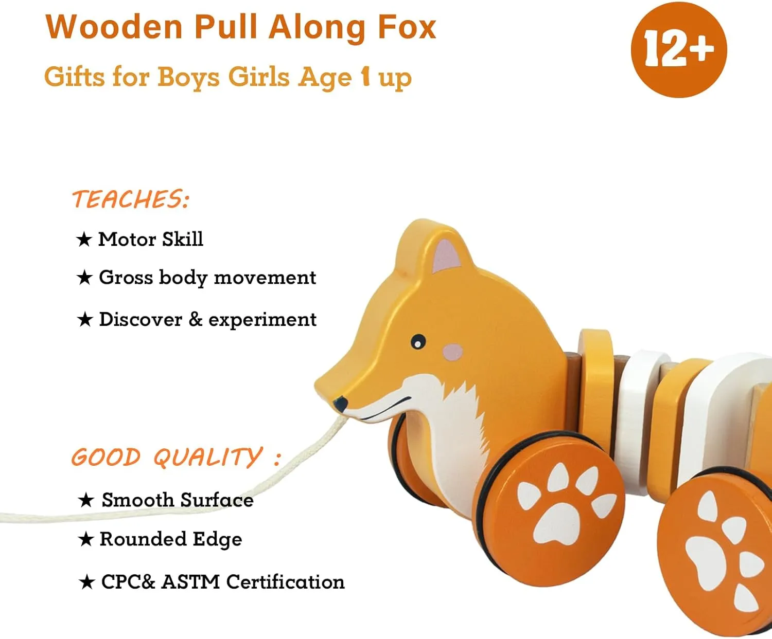 Baby Toys Car,Wooden Pull Along Toddler Toy, Developmental Toy for 1 Year Old Girl Boy Birthday Gift (Fox)