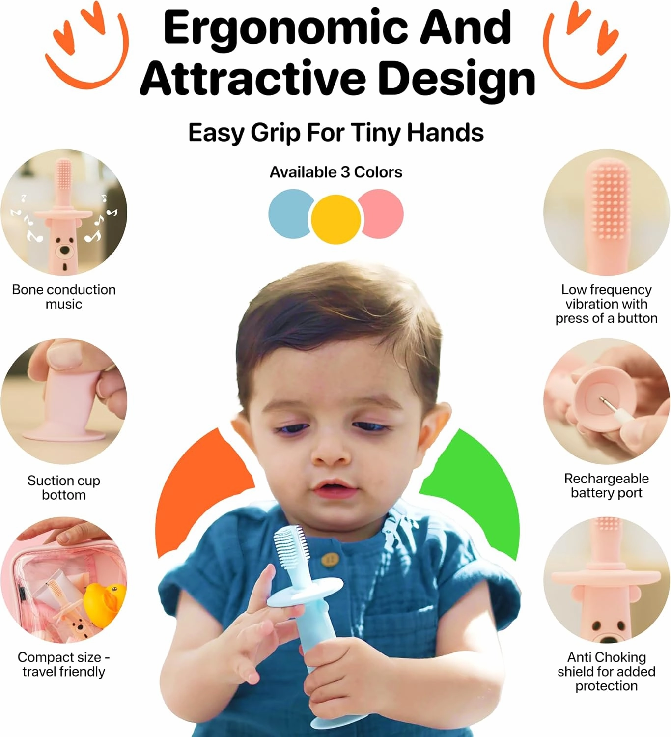 Baby Electric Teether & Toothbrush with Bone Conduction Music (Only Baby Can Hear) | BPA-Free Soft Silicone | Soothing Vibrations for Teething Relief | Ages 9–36 Months | Yellow | Compact & Reusable