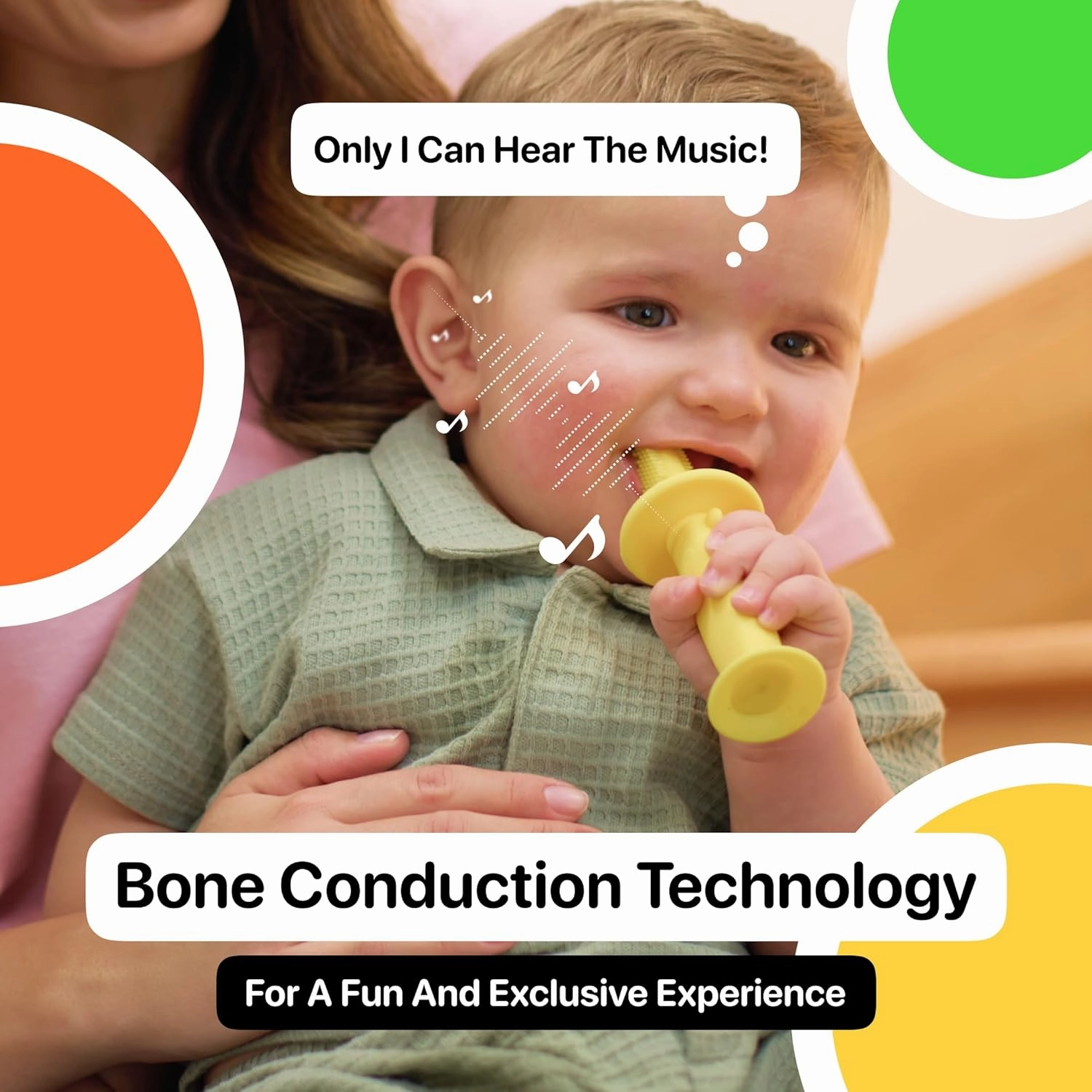 Baby Electric Teether & Toothbrush with Bone Conduction Music (Only Baby Can Hear) | BPA-Free Soft Silicone | Soothing Vibrations for Teething Relief | Ages 9–36 Months | Yellow | Compact & Reusable