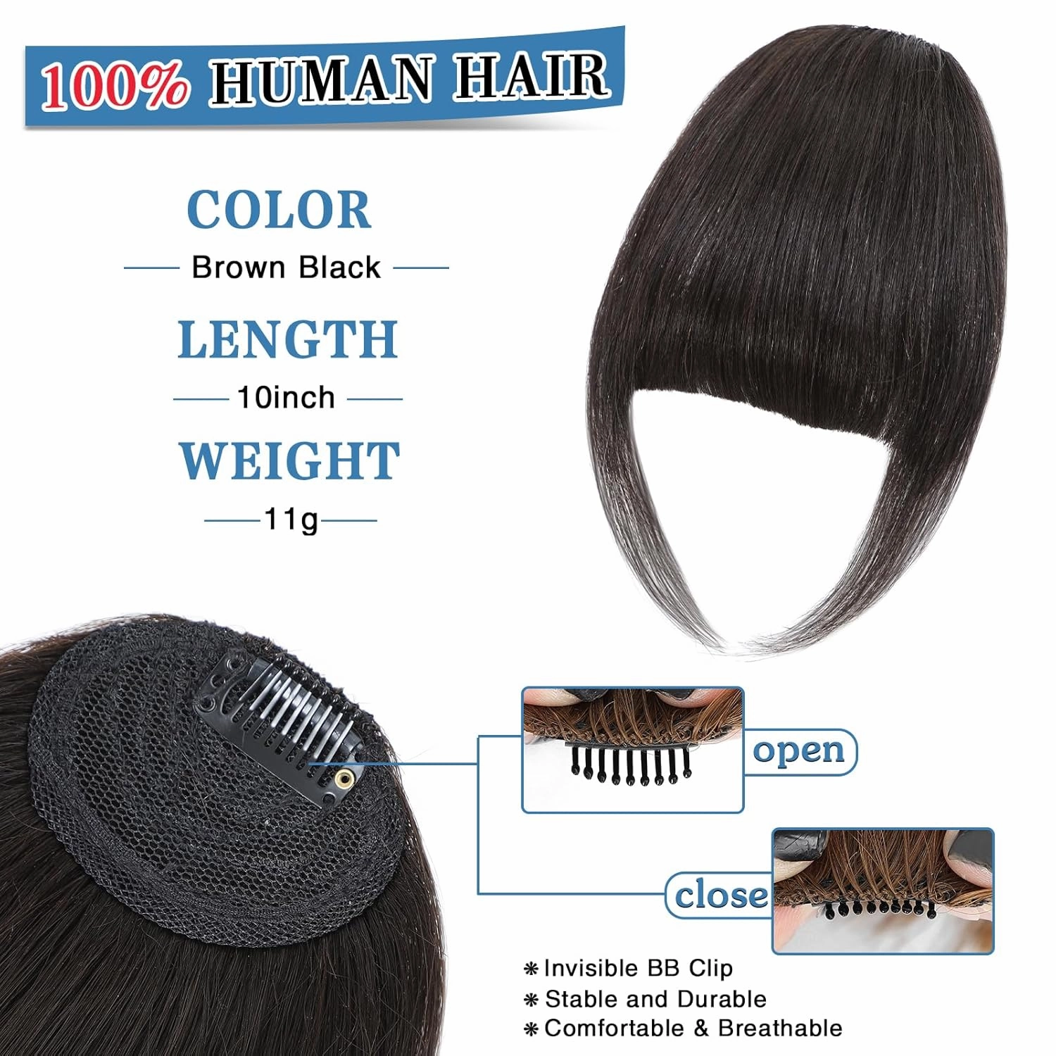 Bangs Hair Clip Human Hair Brown Black French Bangs for Women Fringe with Temples Hairpieces Clip on Bangs for Daily Wear (Brown Black, French Bangs)