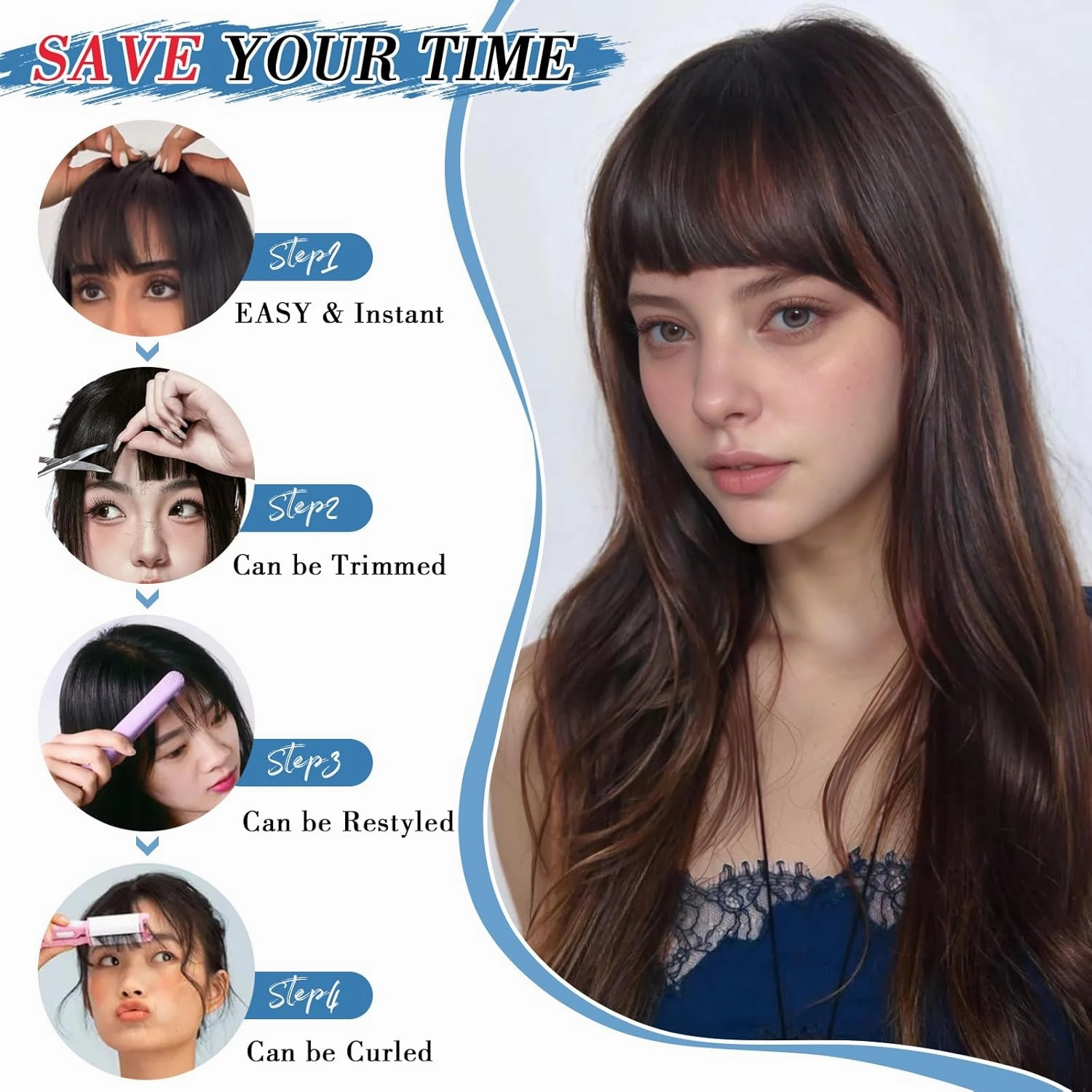 Bangs Hair Clip Human Hair Brown Black French Bangs for Women Fringe with Temples Hairpieces Clip on Bangs for Daily Wear (Brown Black, French Bangs)