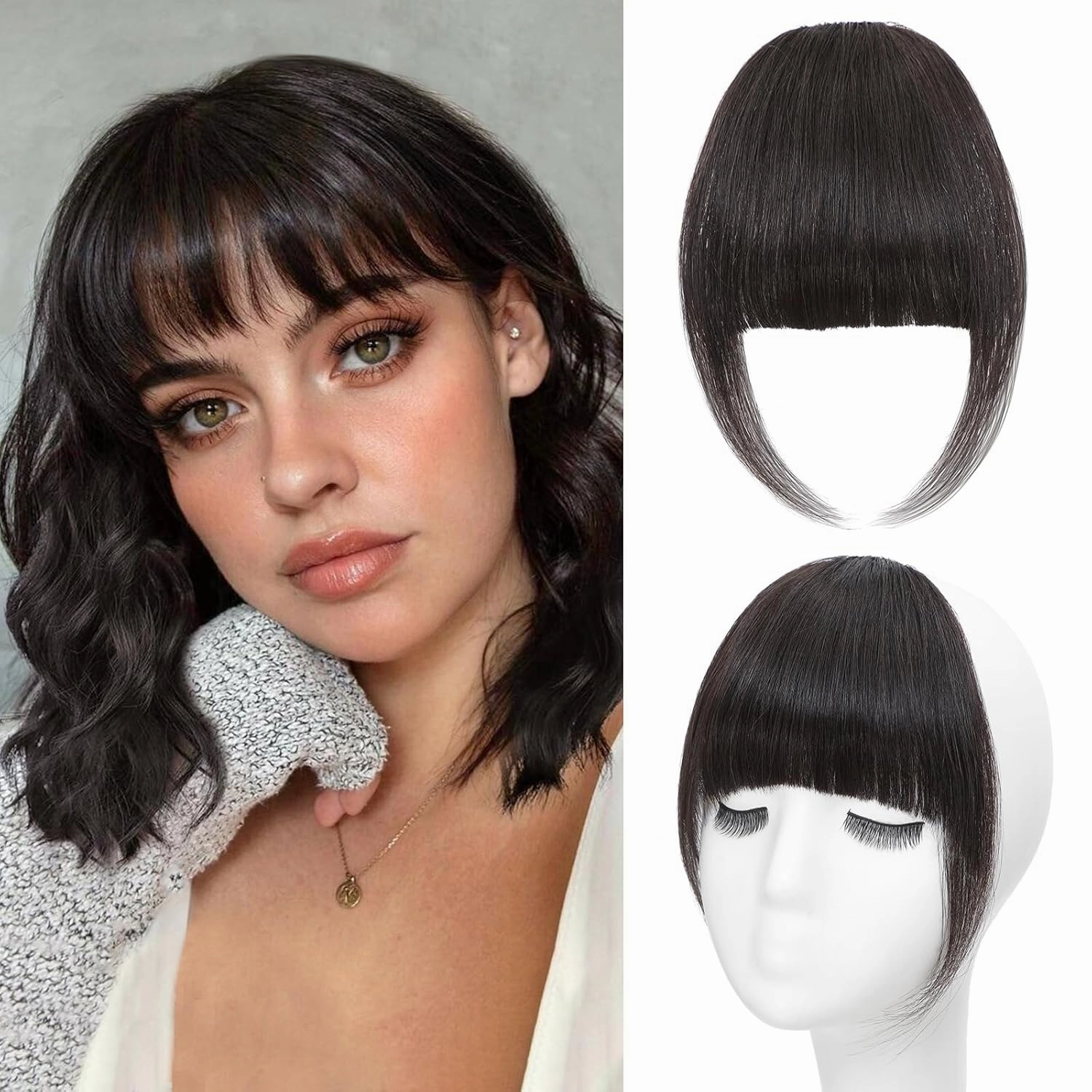 Bangs Hair Clip Human Hair Brown Black French Bangs for Women Fringe with Temples Hairpieces Clip on Bangs for Daily Wear (Brown Black, French Bangs)