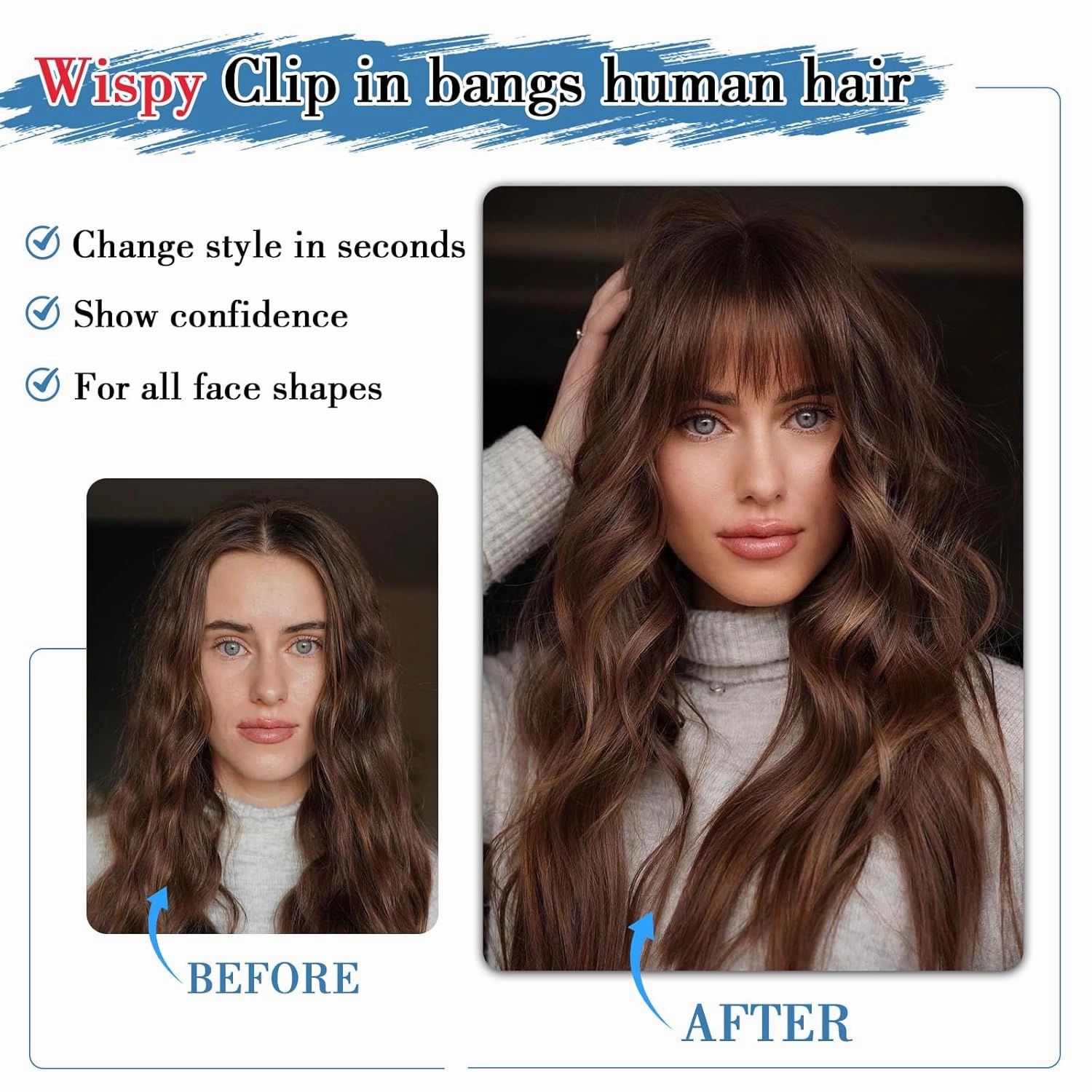 Bangs Hair Clip Human Hair Brown Black French Bangs for Women Fringe with Temples Hairpieces Clip on Bangs for Daily Wear (Brown Black, French Bangs)