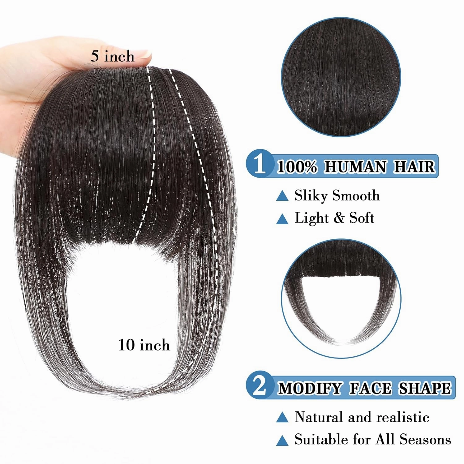 Bangs Hair Clip Human Hair Brown Black French Bangs for Women Fringe with Temples Hairpieces Clip on Bangs for Daily Wear (Brown Black, French Bangs)