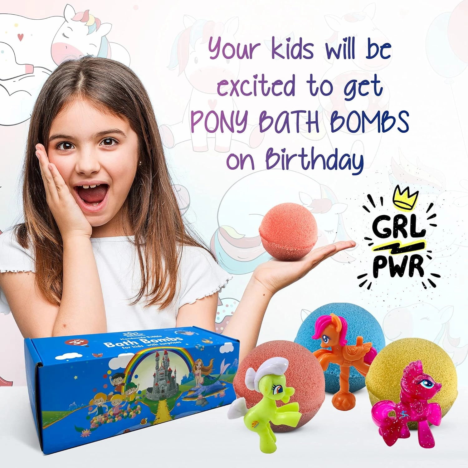 Bath Bombs for Girls Surprise - 3 Natural Handmade Bath Bombs for Kids with Pony Toys Inside - Cool Surprises for Girls, Boys, Teens - Handmade in USA