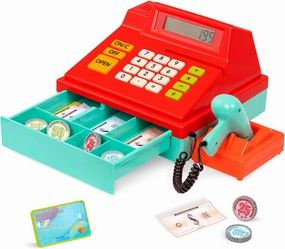Battat – Toy Cash Register For Kids, Toddlers – 49Pc Register With Toy Money, Credit Card, Scanner– Pretend Play Toy – 3 Years   – Red Calculating Cash Register With Scanner