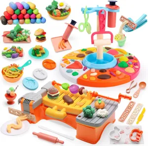 BBQ Pizza Color Dough Kitchen Creations Set, Barbecue Burger Maker, Art Crafts Food Modeling Play Toys, Molds Tools Accessories Kit for Kids Toddlers Boys Girls Ages 3  (24 Colors Dough)