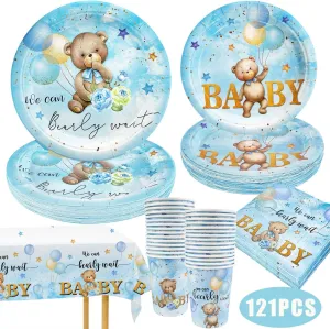 Bear baby Shower Decorations,We Can Bearly Wait Baby Shower with Plates and Napkins Cup, Tablecloth for First Birthday Centerpiece Decor, Teddy Bear Baby Shower Supplies
