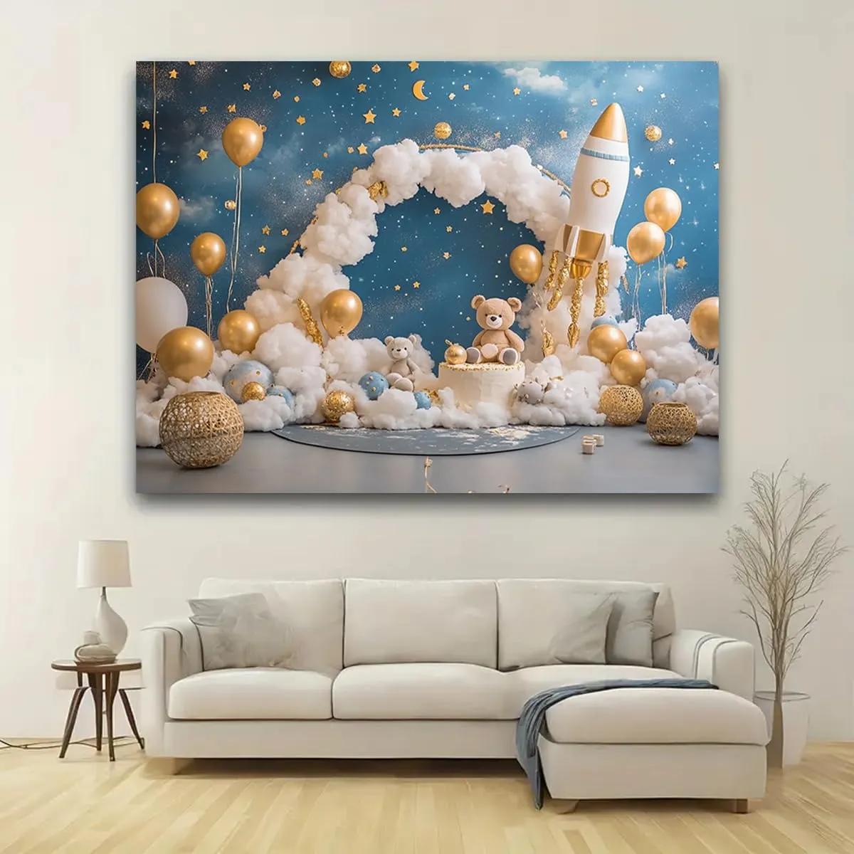 Bear Golden Balloon First Birthday Party Backdrop for Boy Girl Bear Baby Shower Backdrop Arched Balloon Cloud Backdrop Birthday Party Cake Smash Backdrop Photo Shoot Decor Props Decoration (7 * 5ft)