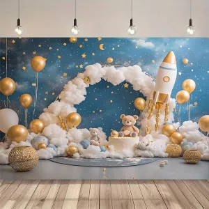 Bear Golden Balloon First Birthday Party Backdrop for Boy Girl Bear Baby Shower Backdrop Arched Balloon Cloud Backdrop Birthday Party Cake Smash Backdrop Photo Shoot Decor Props Decoration (7 * 5ft)