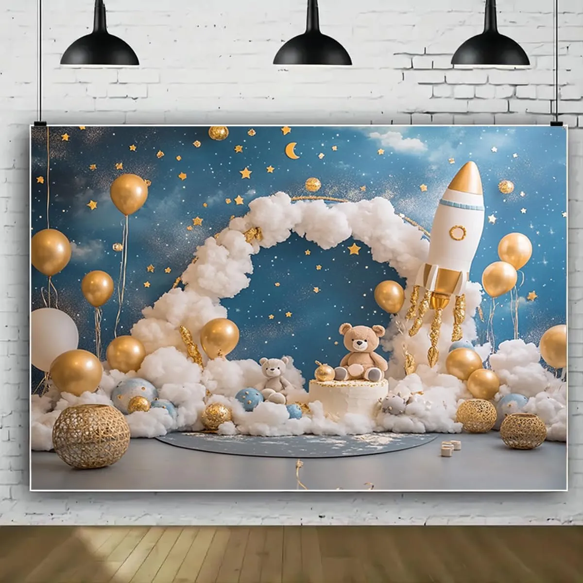 Bear Golden Balloon First Birthday Party Backdrop for Boy Girl Bear Baby Shower Backdrop Arched Balloon Cloud Backdrop Birthday Party Cake Smash Backdrop Photo Shoot Decor Props Decoration (7 * 5ft)