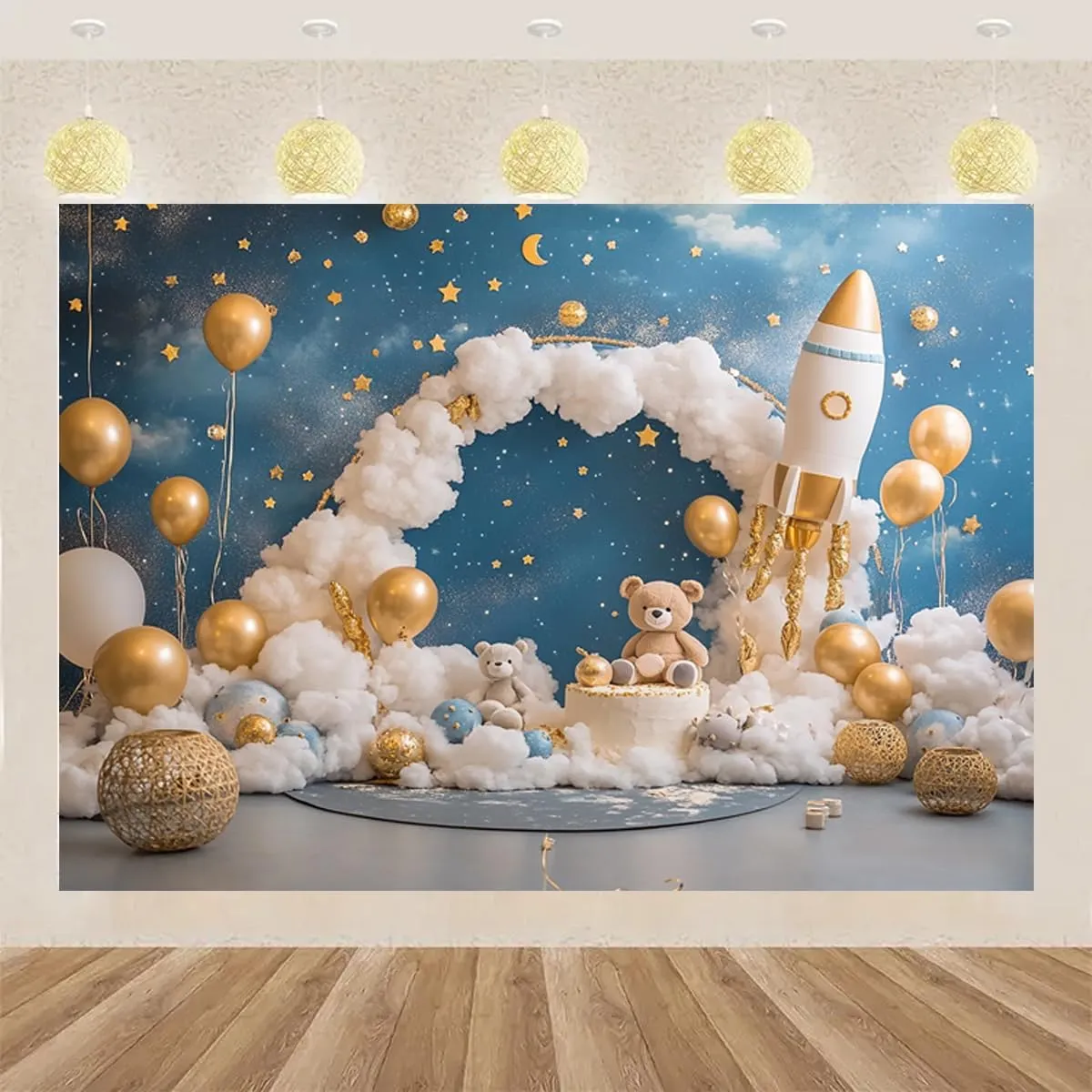 Bear Golden Balloon First Birthday Party Backdrop for Boy Girl Bear Baby Shower Backdrop Arched Balloon Cloud Backdrop Birthday Party Cake Smash Backdrop Photo Shoot Decor Props Decoration (7 * 5ft)