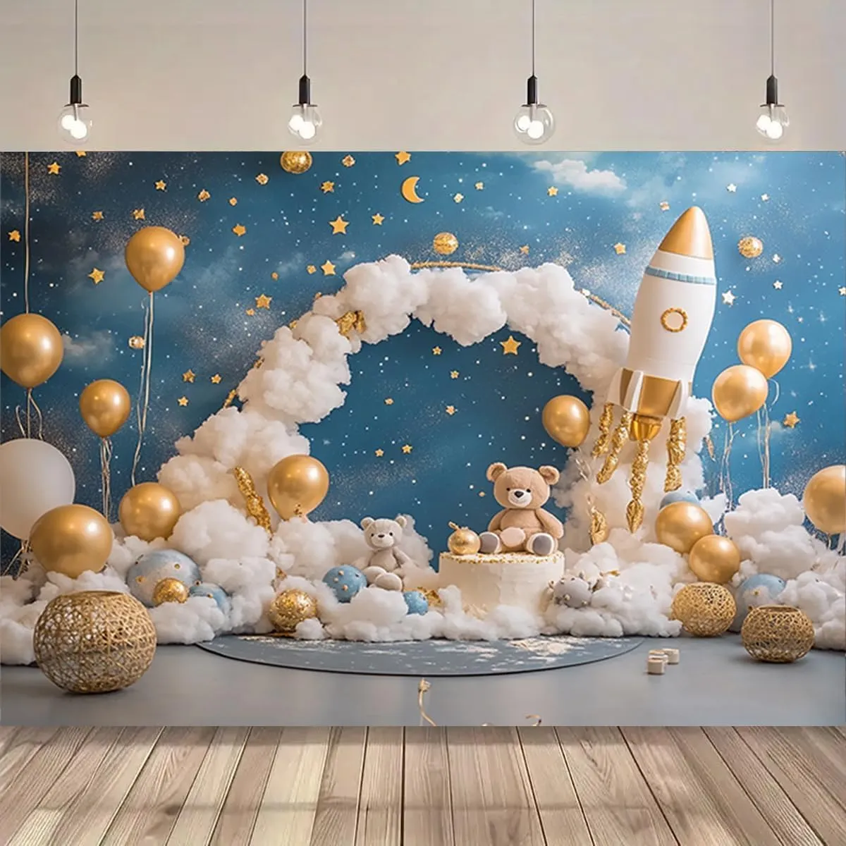 Bear Golden Balloon First Birthday Party Backdrop for Boy Girl Bear Baby Shower Backdrop Arched Balloon Cloud Backdrop Birthday Party Cake Smash Backdrop Photo Shoot Decor Props Decoration (7 * 5ft)
