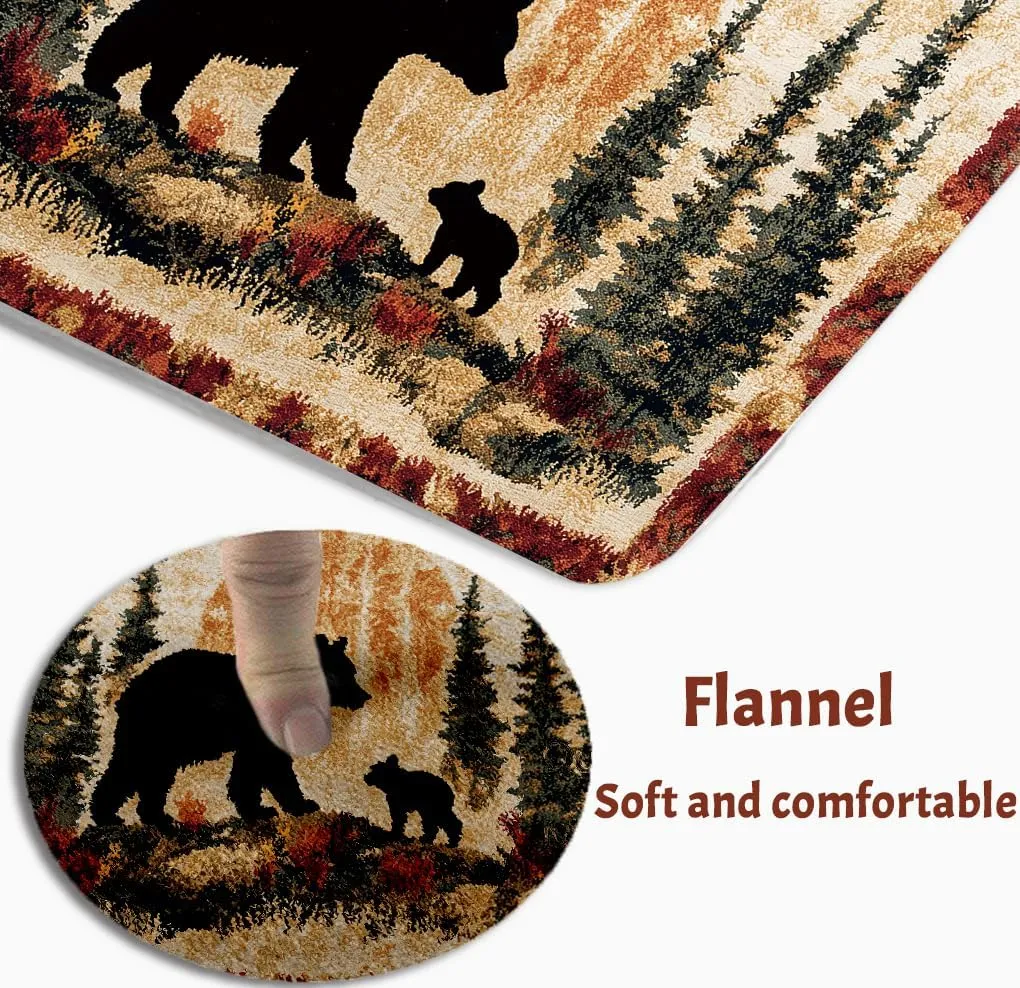 Bear Rug Mat Farmhouse Bathroom Rugs Animal Black Bear Forest Trees Rustic Cabin Carpet Camping Bath Rug Sets for Bathroom Bedroom Kitchen Outdoor Indoor 17X48 Inch