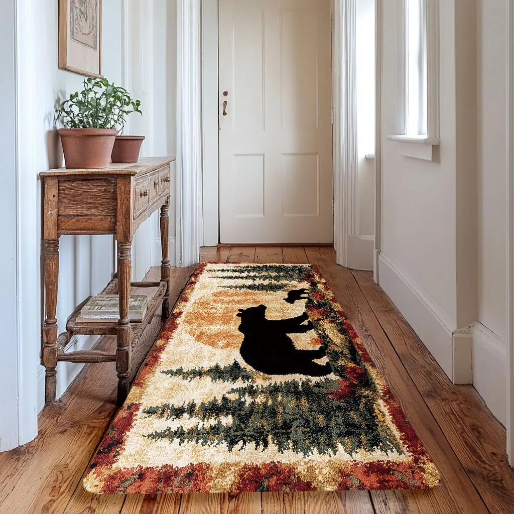 Bear Rug Mat Farmhouse Bathroom Rugs Animal Black Bear Forest Trees Rustic Cabin Carpet Camping Bath Rug Sets for Bathroom Bedroom Kitchen Outdoor Indoor 17X48 Inch