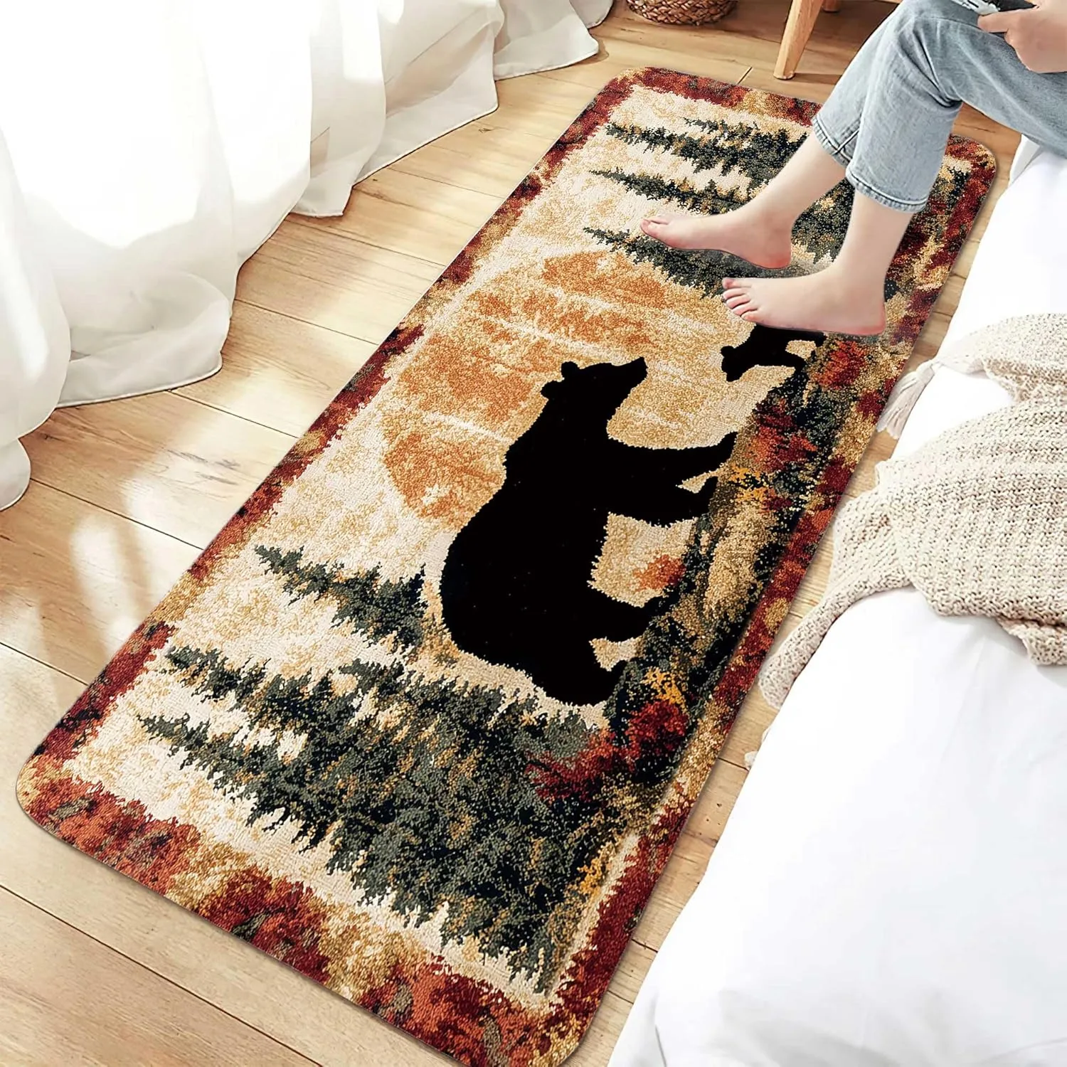 Bear Rug Mat Farmhouse Bathroom Rugs Animal Black Bear Forest Trees Rustic Cabin Carpet Camping Bath Rug Sets for Bathroom Bedroom Kitchen Outdoor Indoor 17X48 Inch