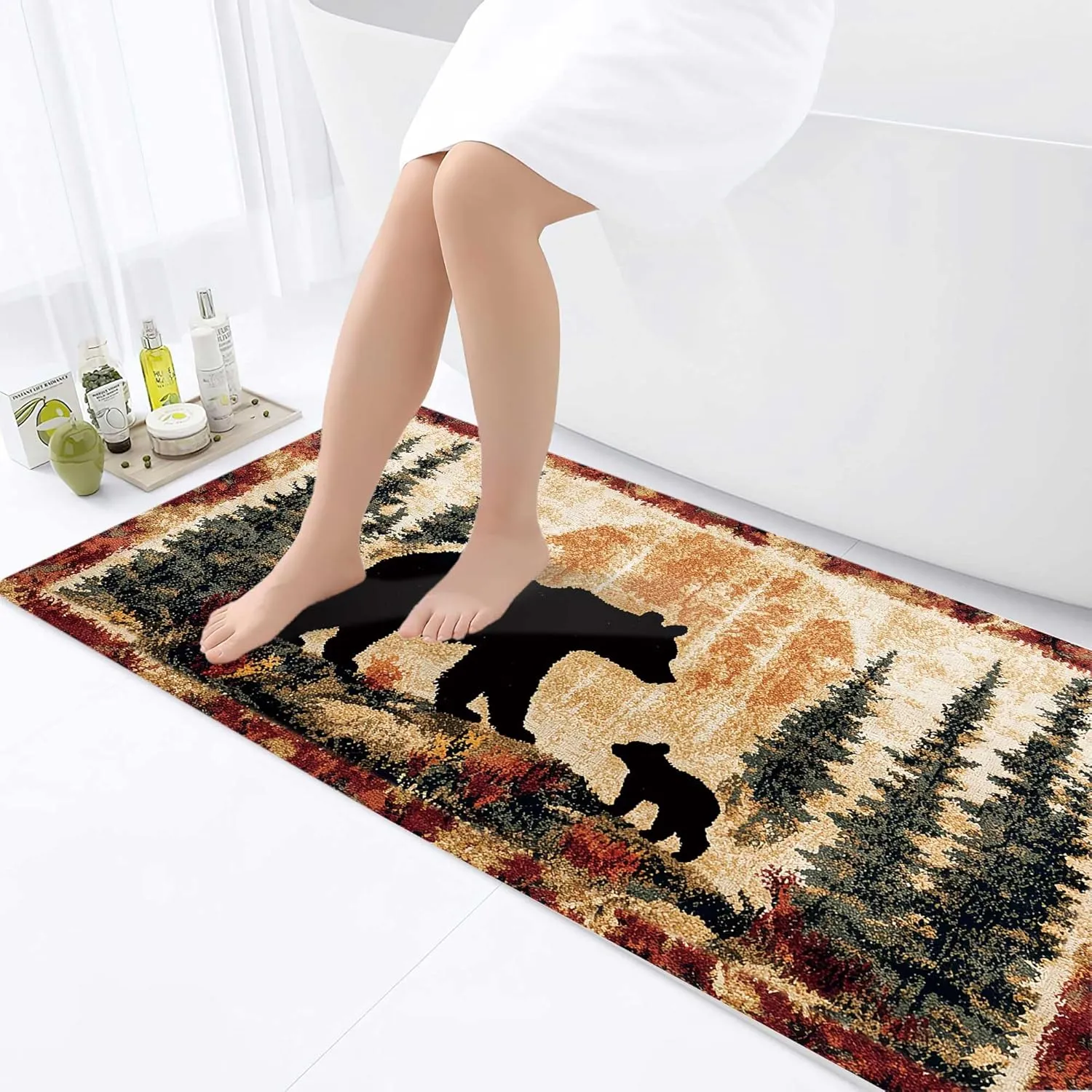 Bear Rug Mat Farmhouse Bathroom Rugs Animal Black Bear Forest Trees Rustic Cabin Carpet Camping Bath Rug Sets for Bathroom Bedroom Kitchen Outdoor Indoor 17X48 Inch