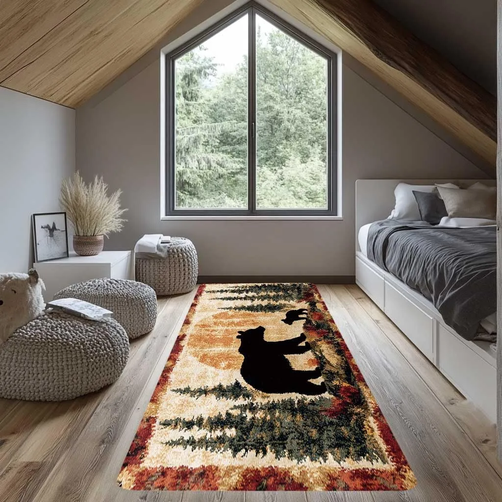 Bear Rug Mat Farmhouse Bathroom Rugs Animal Black Bear Forest Trees Rustic Cabin Carpet Camping Bath Rug Sets for Bathroom Bedroom Kitchen Outdoor Indoor 17X48 Inch