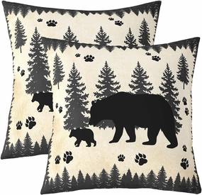 Bear Family Throw Pillow Covers,Wild Animals Trees Silhouette Cushion Covers 18"x18" for Boys Teens,Vintage Jungle Wildlife Pillowcases for Car RV,Rustic Country Cabin Decor Pillow Covers,Set of 2