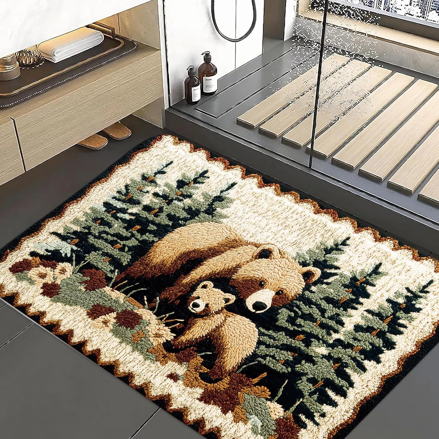 Bear Rug Mat Farmhouse Bathroom Rugs Animal Brown Bear Forest Trees Rustic Cabin Carpet Camping Bath Rug Sets for Bathroom Bedroom Kitchen Outdoor Indoor 17X29 Inch