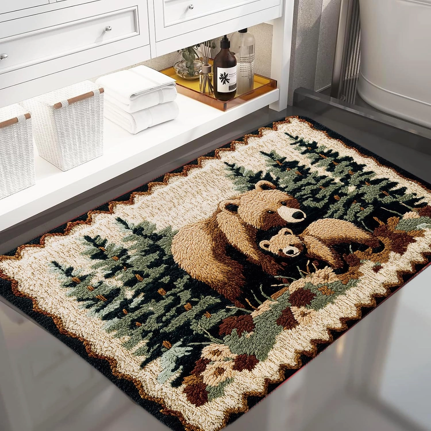 Bear Rug Mat Farmhouse Bathroom Rugs Animal Brown Bear Forest Trees Rustic Cabin Carpet Camping Bath Rug Sets for Bathroom Bedroom Kitchen Outdoor Indoor 17X29 Inch