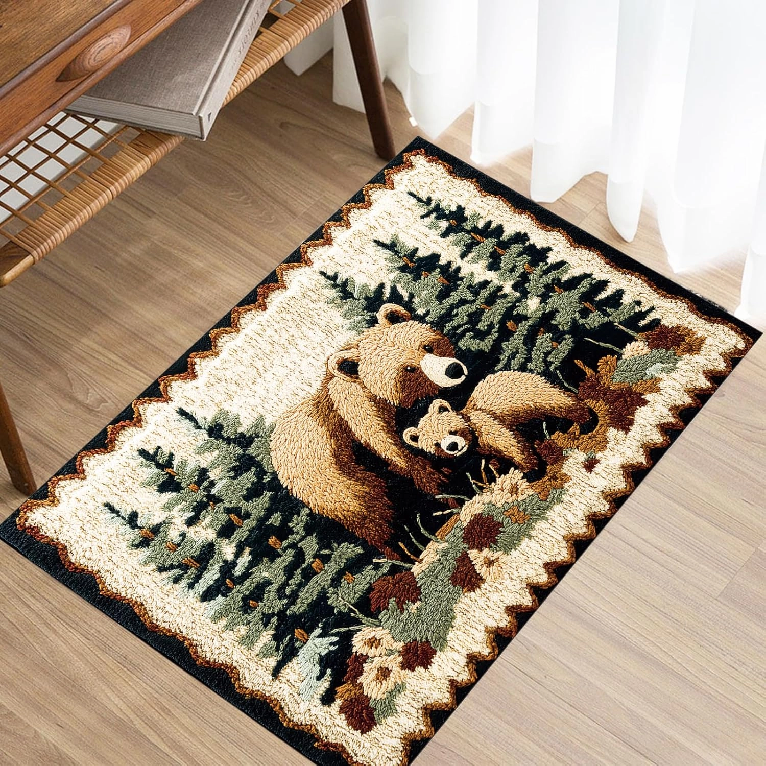 Bear Rug Mat Farmhouse Bathroom Rugs Animal Brown Bear Forest Trees Rustic Cabin Carpet Camping Bath Rug Sets for Bathroom Bedroom Kitchen Outdoor Indoor 17X29 Inch