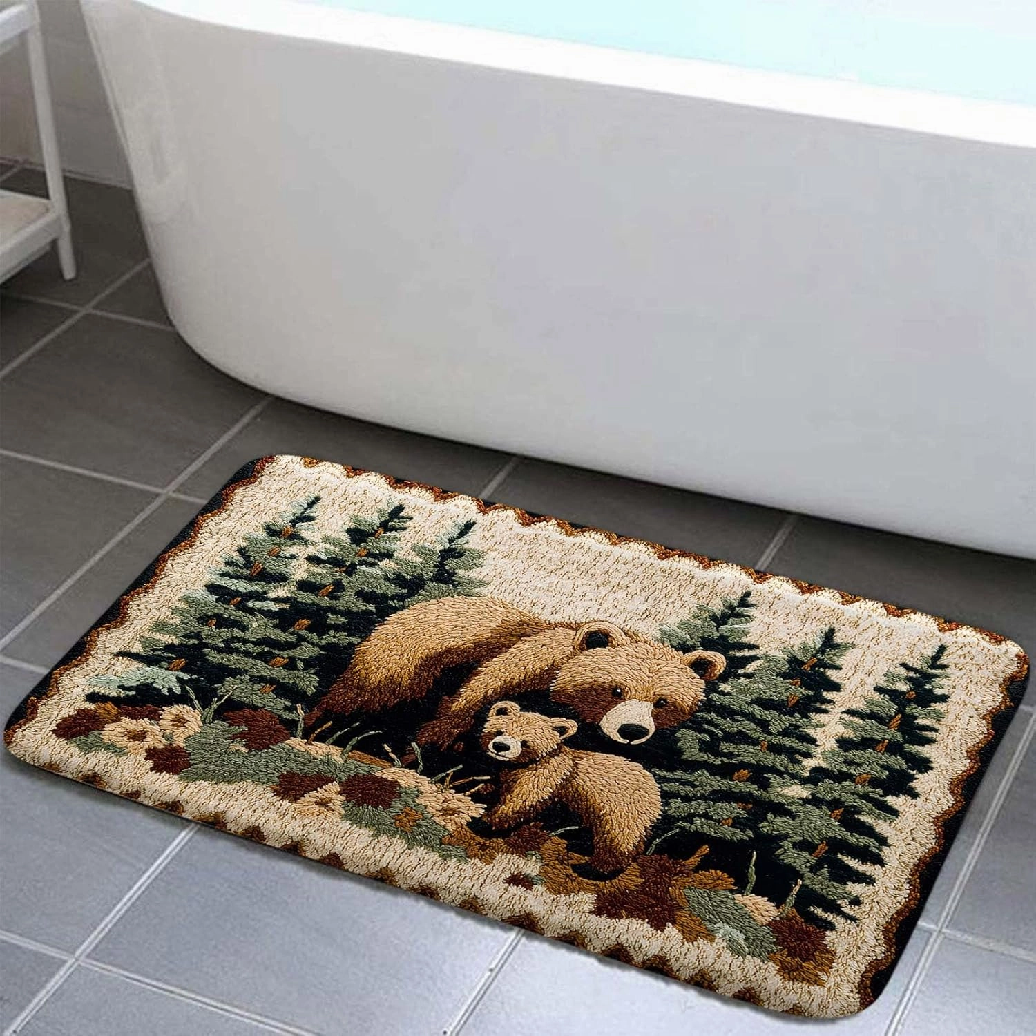 Bear Rug Mat Farmhouse Bathroom Rugs Animal Brown Bear Forest Trees Rustic Cabin Carpet Camping Bath Rug Sets for Bathroom Bedroom Kitchen Outdoor Indoor 17X29 Inch