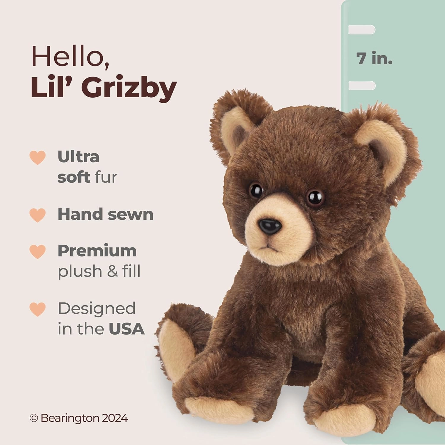 Bearington Lil' Grizby The Brown Grizzly Teddy Bear Plush, 7 Inch Bear Stuffed Animal - Hugs and Cuddles Plush Animal Toy