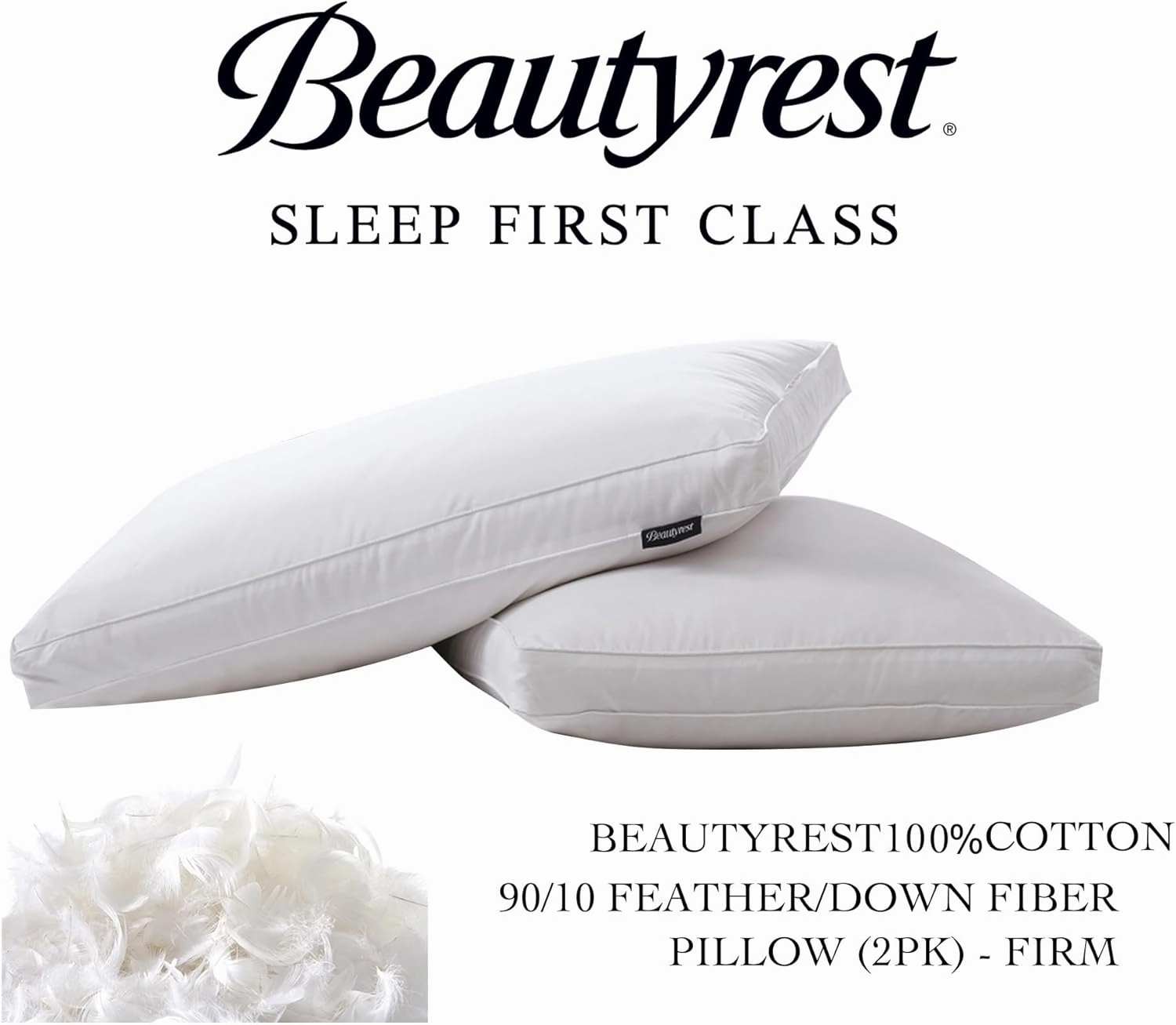 Beautyrest White Feather Down Fiber 2" Gusset Support, Hotel Collection 100% Cotton Hypoallergenic Medium Firm Bed Side Sleeper Pillow, King (Pack of 2), 2 Count