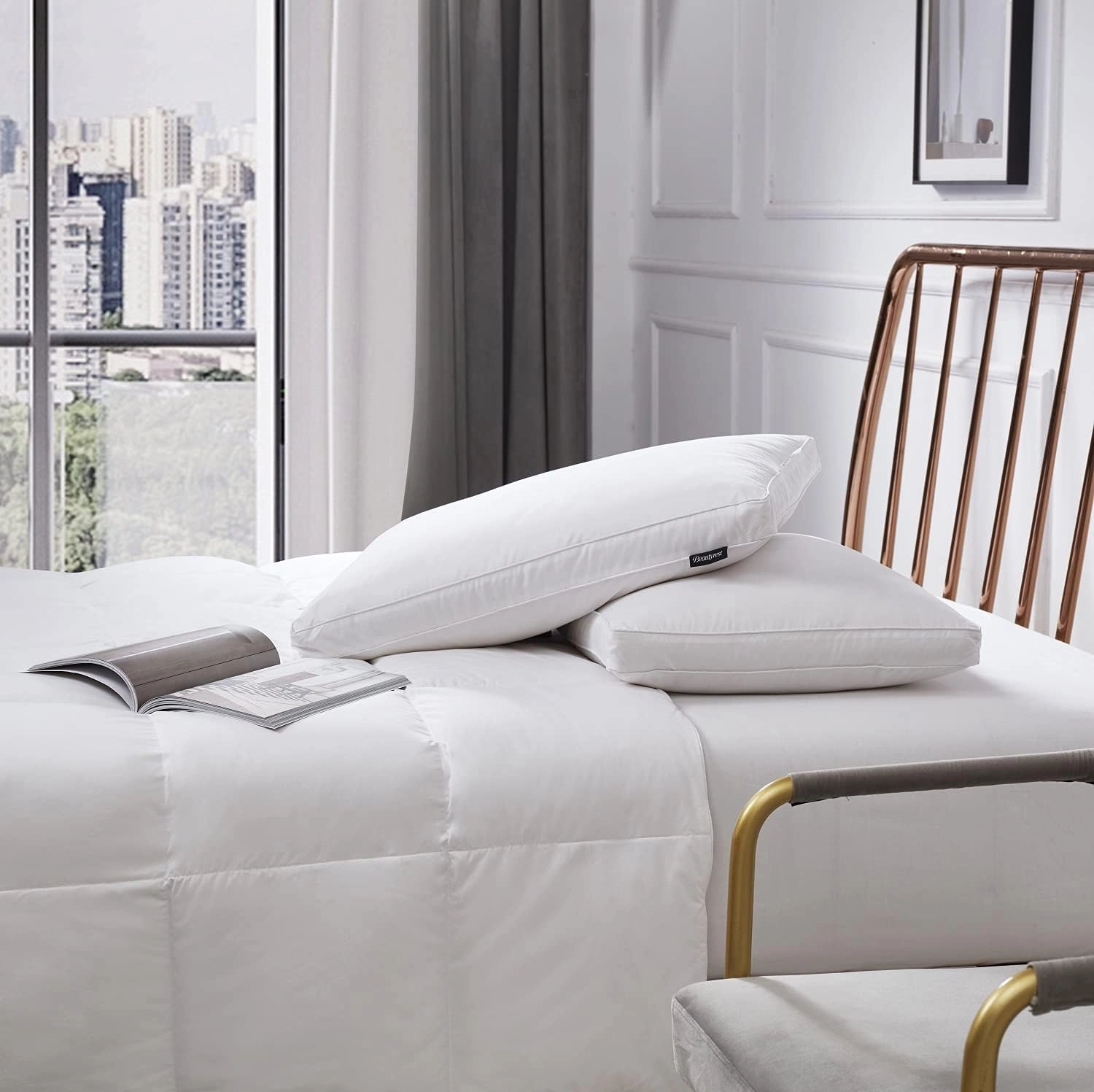 Beautyrest White Feather Down Fiber 2" Gusset Support, Hotel Collection 100% Cotton Hypoallergenic Medium Firm Bed Side Sleeper Pillow, King (Pack of 2), 2 Count