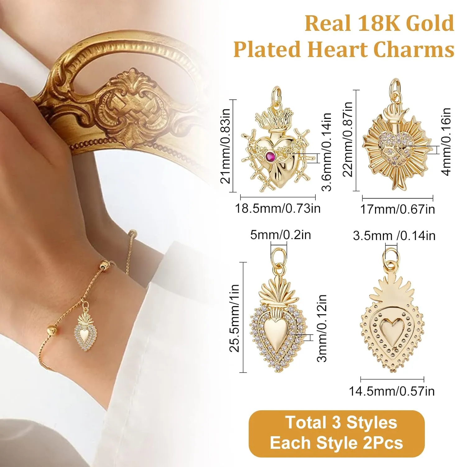 Beebeecraft Cubic Zirconia Heart Charms 18K Gold Plated Brass Love Shape Charm Pendant with Jump Ring for DIY Making Jewelry Bracelets Necklace