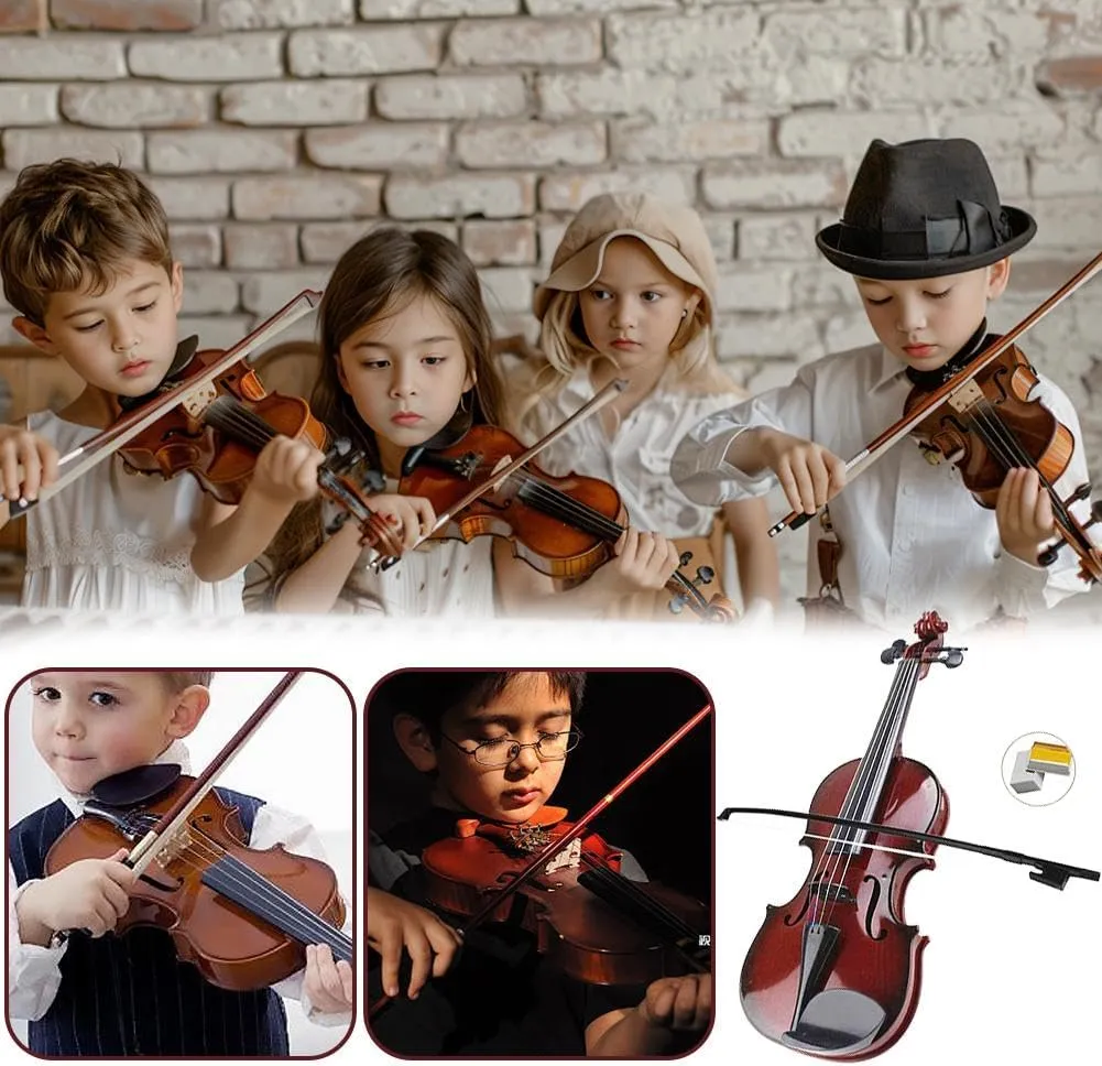 Beginner Violin Toy with Adjustable Strings, Realistic Sound for Music Learning, 38cm Lightweight Design (Brown Send a Piano case)